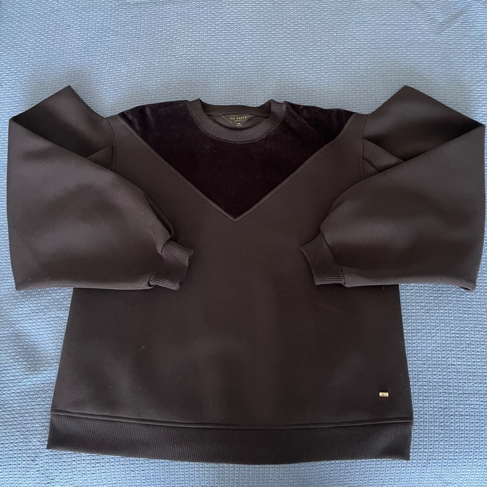 Ted Baker Black Velvet Trim Balloon‎ Sleeve Sweatshirt Pullover Top